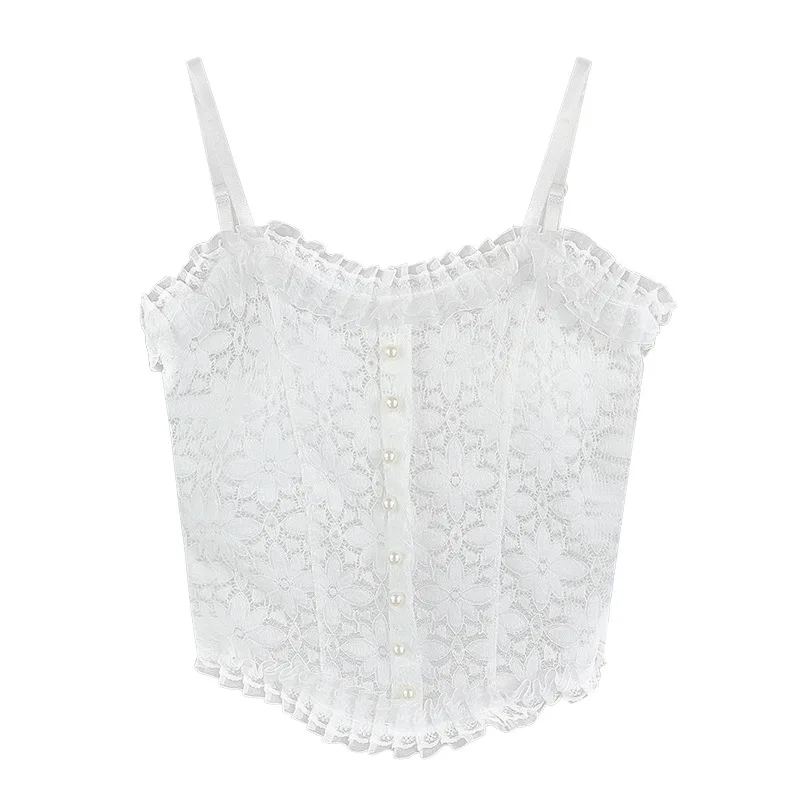 Wholesale Lace Pattern Small Camisole with Breast Pads, Pleated Pearls, Sexy Outer Wear, Bottoming Chest-wrapped Top 민소매 티 여성