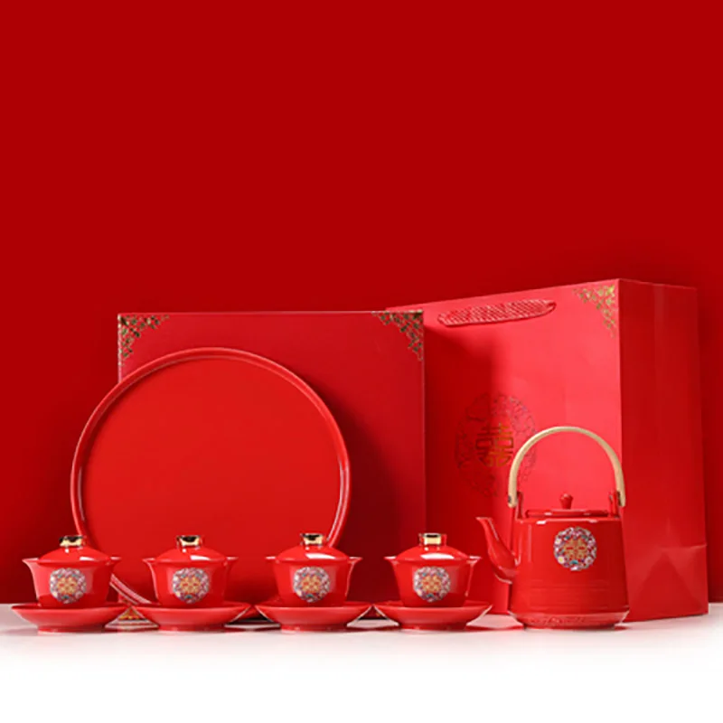 Chinese Red Ceramic Tea Set, Teapot, Gaiwan, Serving Tea Tray, Wedding Party Souvenir Gift, Porcelain Supplies