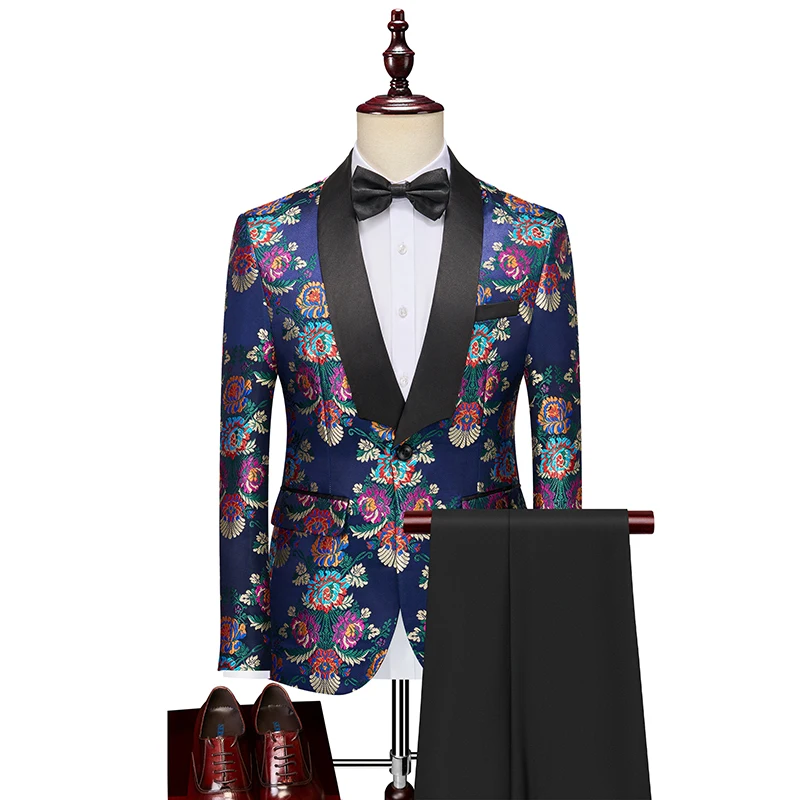 ( Blazer + Pant ) Fashion Men Luxurious Jacquard Suit Blue / Yellow Men's Business Social Wedding Prom Party Tuxedo Dress Set