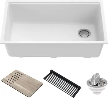 Workstation 32-inch Undermount Granite Composite Single Bowl Kitchen Sink in White with Accessories, KGUW1-33WH 1