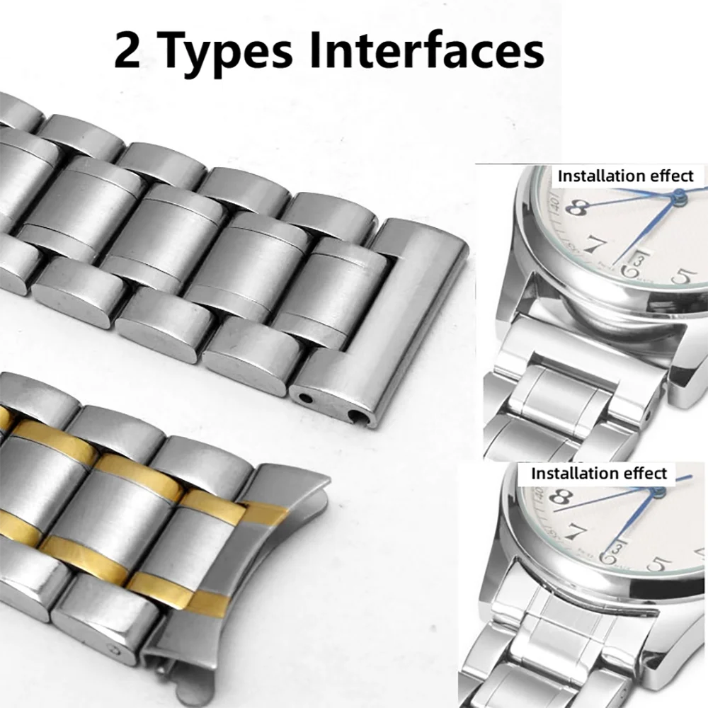 Curved End Universal Solid Stainless Steel Watch Band with Butterfly Clasp