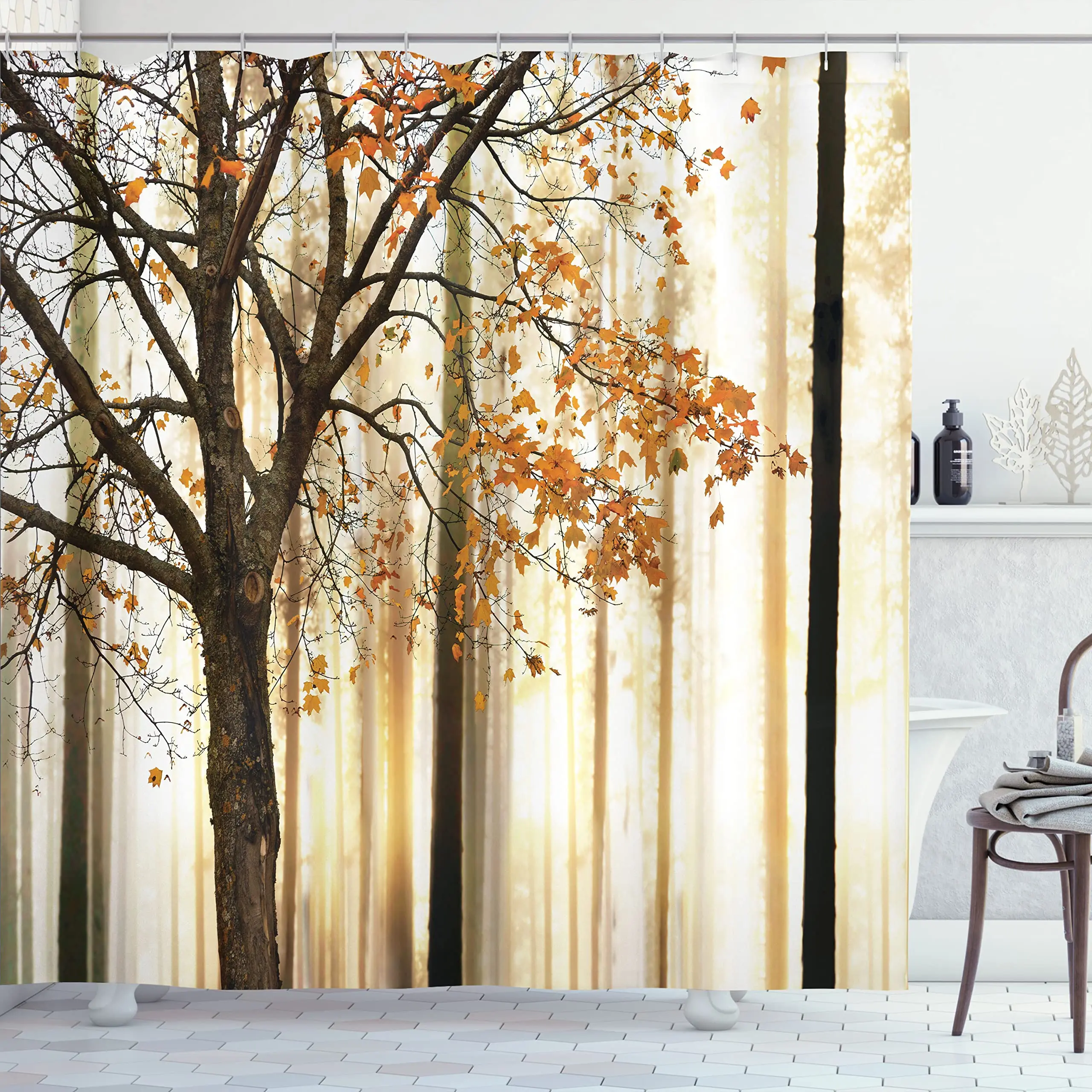 

Осенняя занавеска для душа, осенний сезон, с абстрактным рисунком лесных деревьев и листьев, тканевый Декор для ванной комнаты, набор с крючками