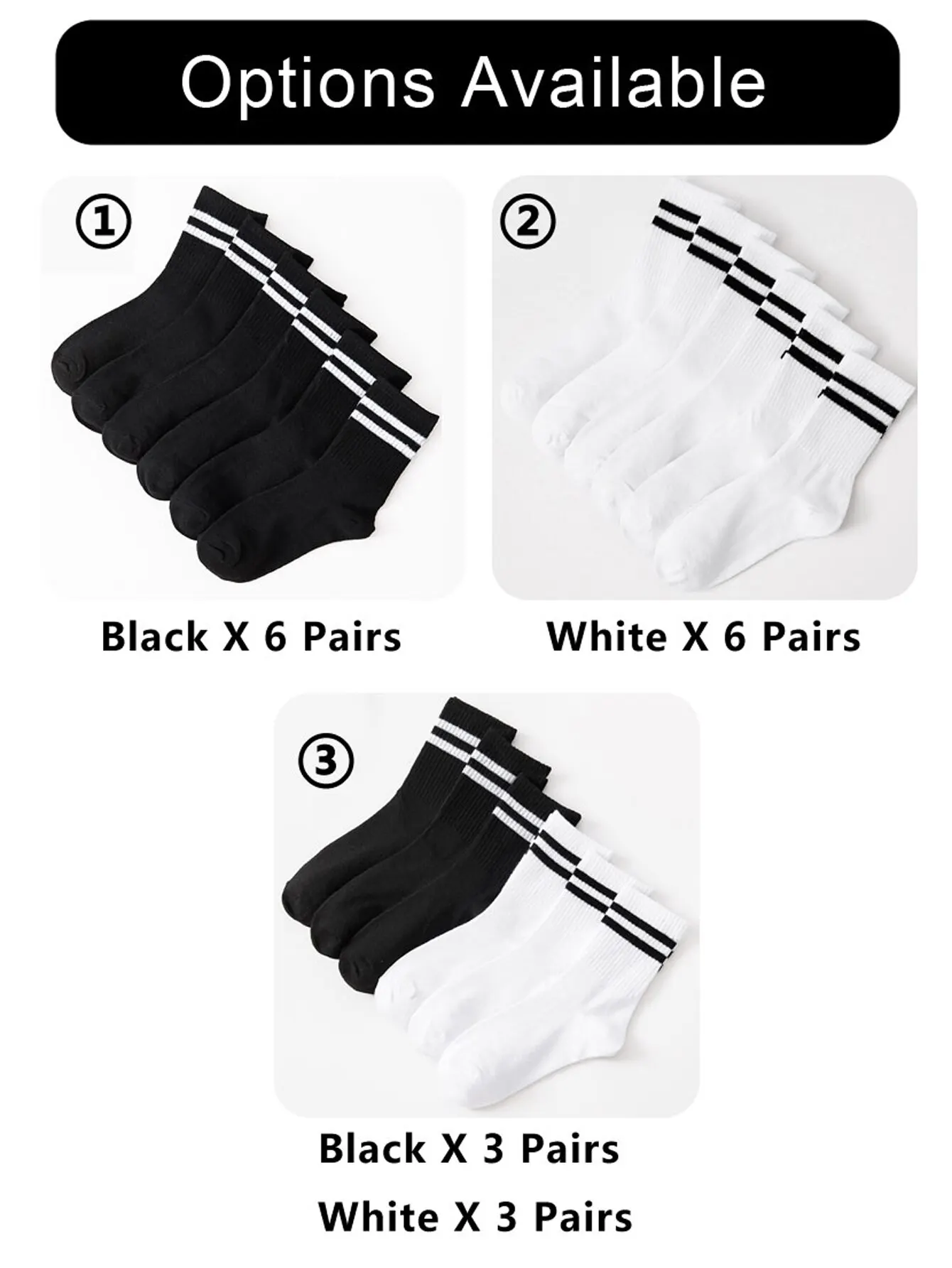 Middle Tube Socks 6/12 Pairs High Tube Mid Length For Men Solid Black And White With Parallel Bars Sweat Absorption