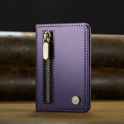 Luxury MagSafe Magnetic Leather Zipper Wallet Card Phone Case with Flip Holder Cover (Purple)