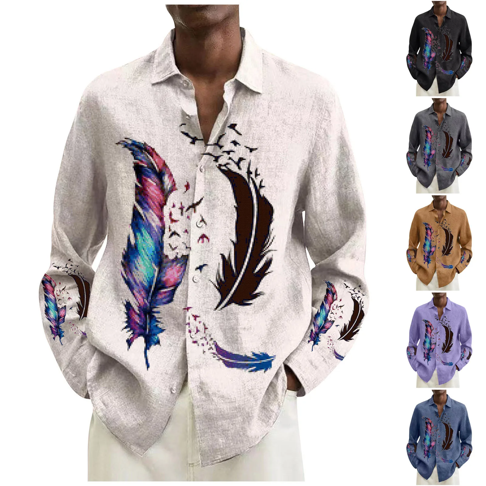 

Vintage Shirts For Men Summer Tropical Printed Button Down Beach Long Sleeve Shirts Blouse Casual Handsome Men's Shirts camisa