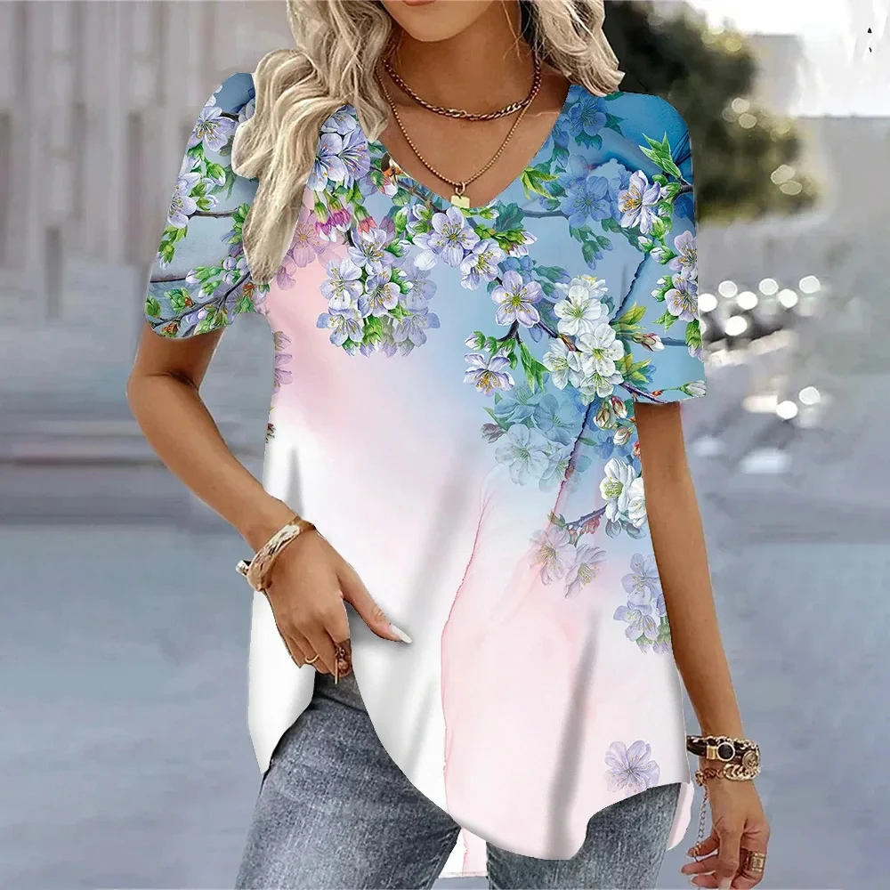

2024 Summer New Fashion Women's T-shirts 3D Flower Print Casual V-neck Tops Short sleeve Tees Loose Oversized Female Clothing