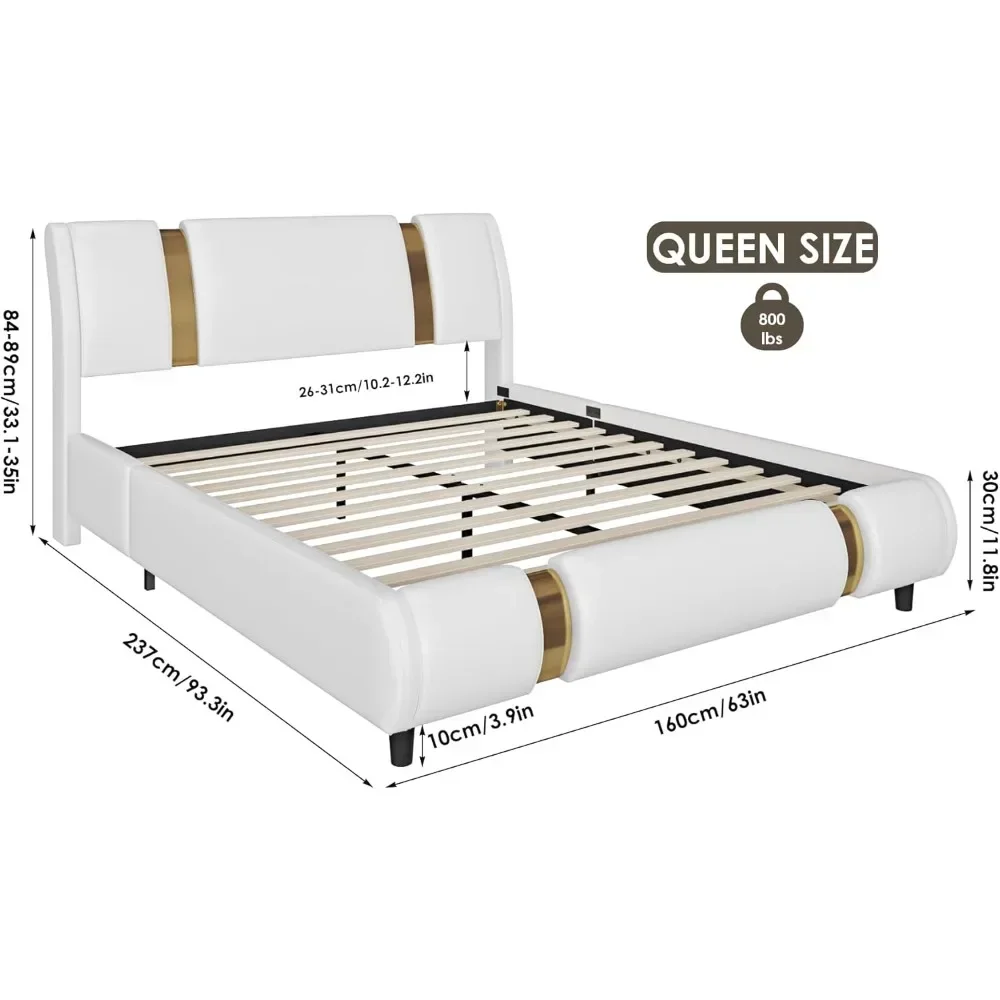 Modern Faux Leather Upholstered Platform Bed Frame with Golden Iron Metal Decor, No Box Spring Needed, Queen Size 2