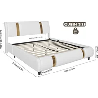 Modern Faux Leather Upholstered Platform Bed Frame with Golden Iron Metal Decor, No Box Spring Needed, Queen Size 2