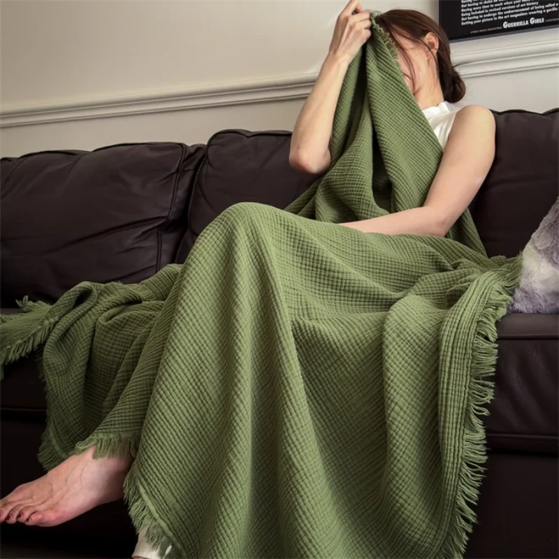 Soft Cotton Blankets Four Layers Gauze Sofa Cover Throw Blanket with Tassel Office Home Decorative Airplane All Season Drop Ship - 4