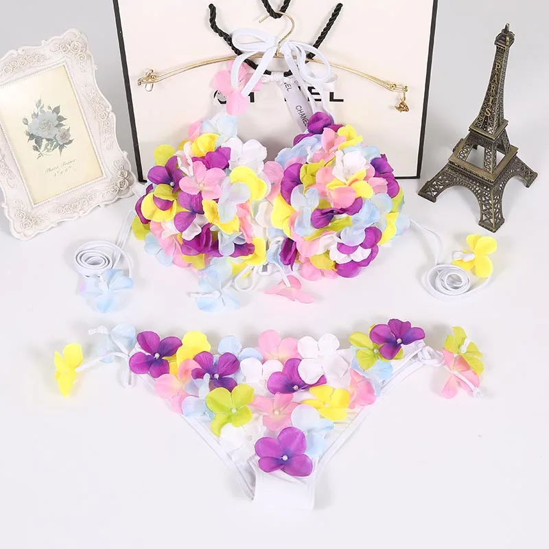 Female Handmade Floral Bikini Push Up Swimwear Women Pearl Biquini Thong Bikinis Halter Swimsuit