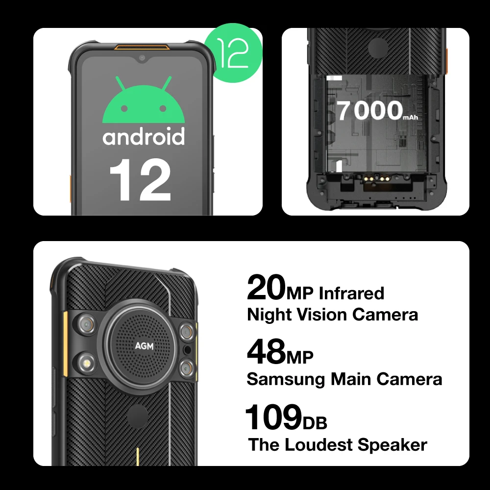 AGM H5 Android12 Rugged Smartphone 7000MAH  IP68/IP69K Cell Phone 3.5W Loud Speaker Night Vision Unlock Phones 6