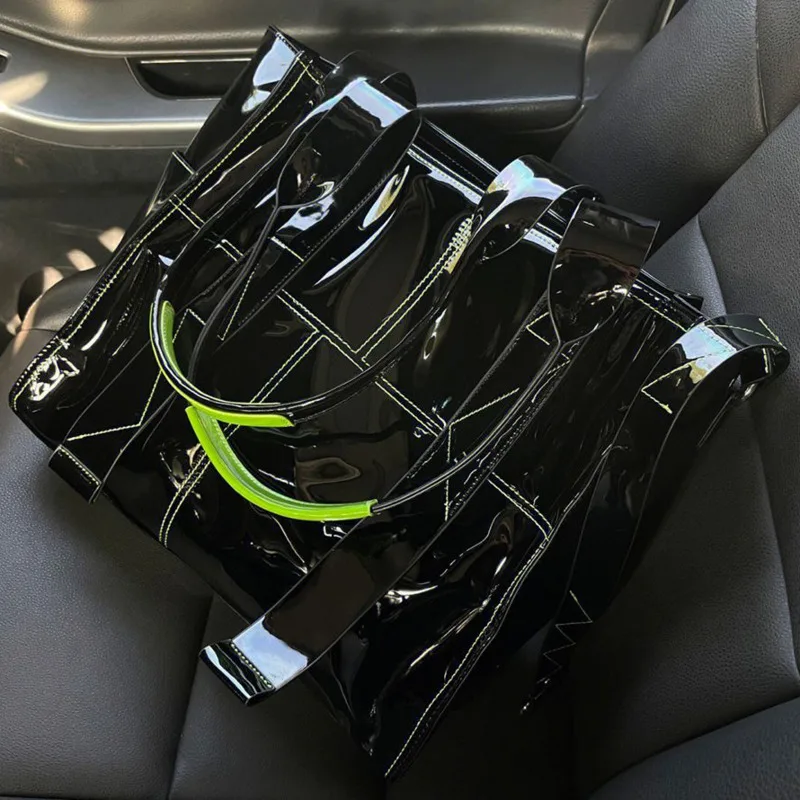 

PU Patent Leather Tote Bag Large Capacity Women Hand Bag Fashion Versatile Black Green Messenger Bags Portable Shopping Bags