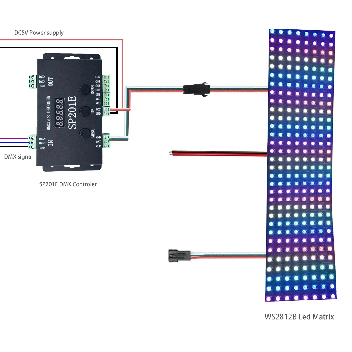 WS2812B WS2811 DMX к SPI светодиодный контроллер декодер и WS2812 светодиодная матричная панель SP201E 5-канальный DMX 512 RGB WW контроллер декодера
