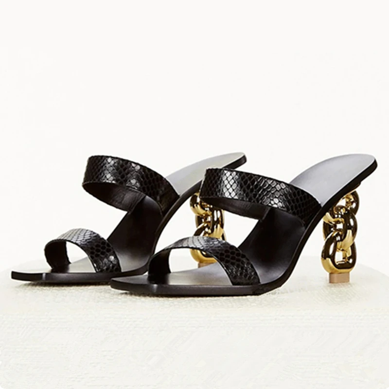 

Women Slippers Metal Strange High Heels Ladies Gladiator Sandals Summer Outside Slides Prom Dress Shoes Pumps PVC Mules