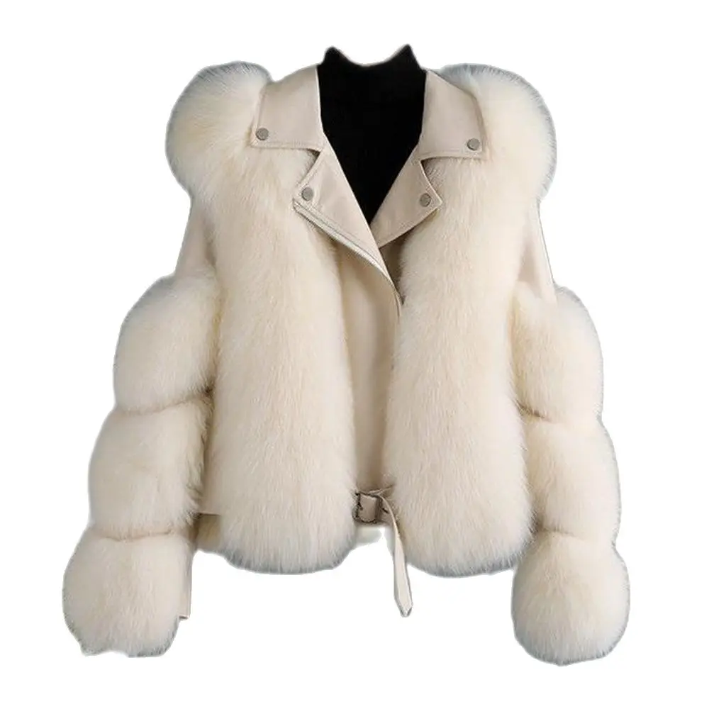 

Women Winter Motorcycle Pu Leather Turn Down Collar Warm Jackets Warm Outwear Luxury Female 2024 Overcoat Faux Fox Fur Coats