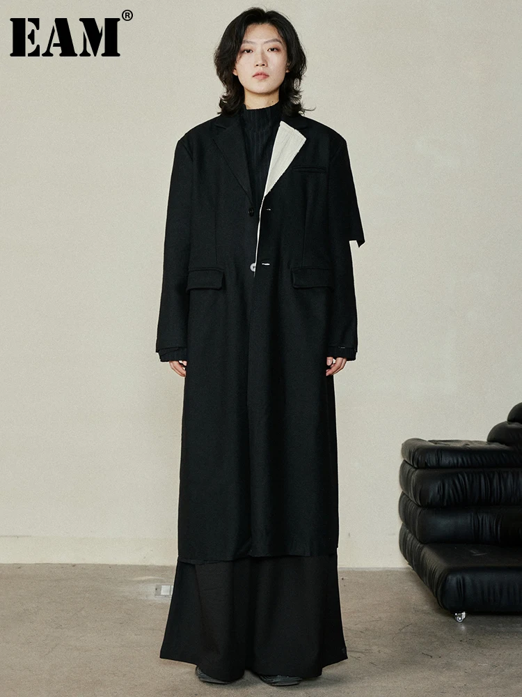 

[EAM] Black Burr Irregular Big Size Long Woolen Coat New Lapel Long Sleeve Women Jacket Fashion Tide Autumn Winter 2024 1DH2937