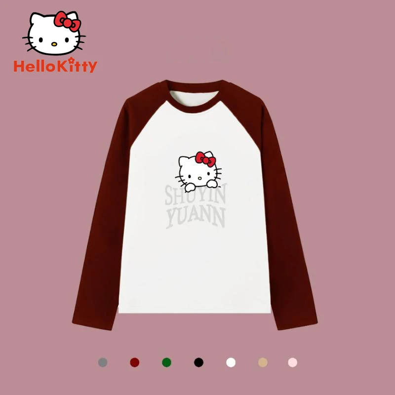 

Cartoon Anime Sanrio Hello Kitty Pure Cotton Hoodie Stitching Round Neck Wild Shirt Keep Warm Fashion Girl Jacket Casual Sports