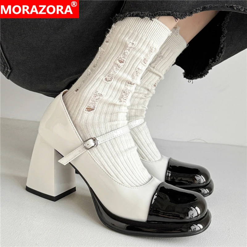 

MORAZORA 2024 New Genuine Leather Shoes Women Pumps Mary Janes Spring Summer Chunky High Heels Party Wedding Shoes