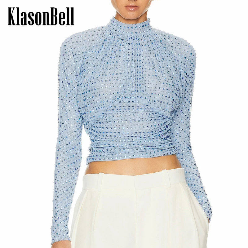 

5.17 KlasonBell Luxury Bling Diamonds Long Sleeve Tee For Women Stand Collar Collect Waist Sexy Backless Sheer Mesh T-Shirt