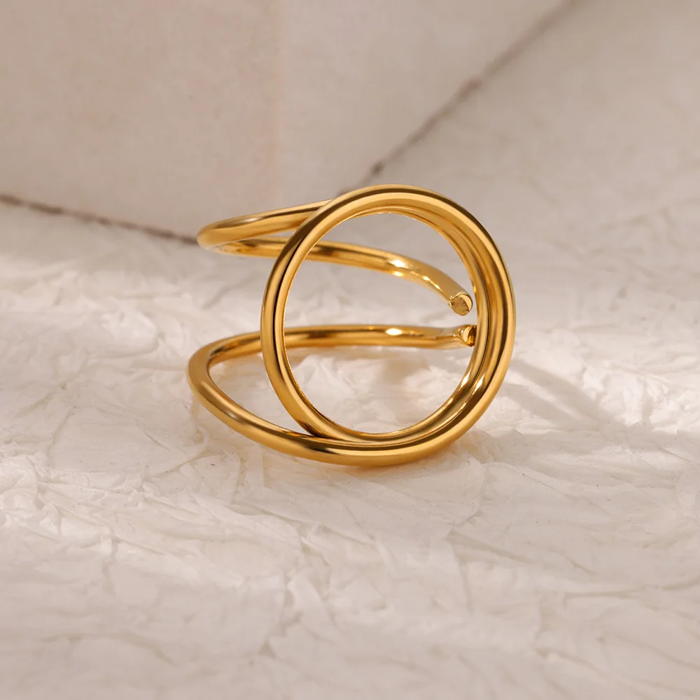 Stainless Steel Hollow Round Line Open Rings For Women Gold Color Wedding Ring