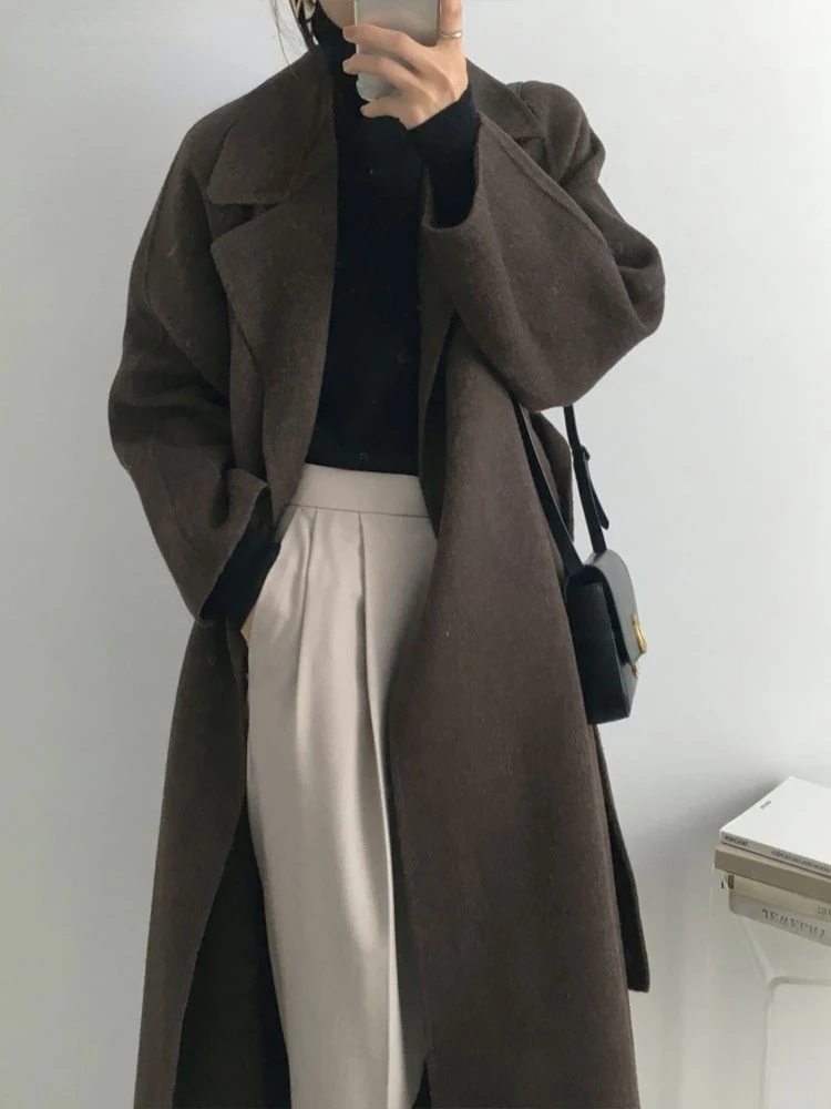

French Lazy Style Warm Female Fresh Winter 2023 Classical Belt Retro Loose Women Woolen Coats Chic Casual Long Coat Long