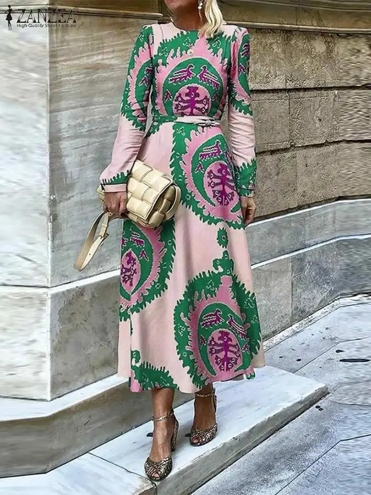 

ZANZEA Women O Neck Robes Vintage Printed Tie Waist Vestidos Elegant Holiday Midi Dress Autumn Fashion Long Sleeve A-line Dress
