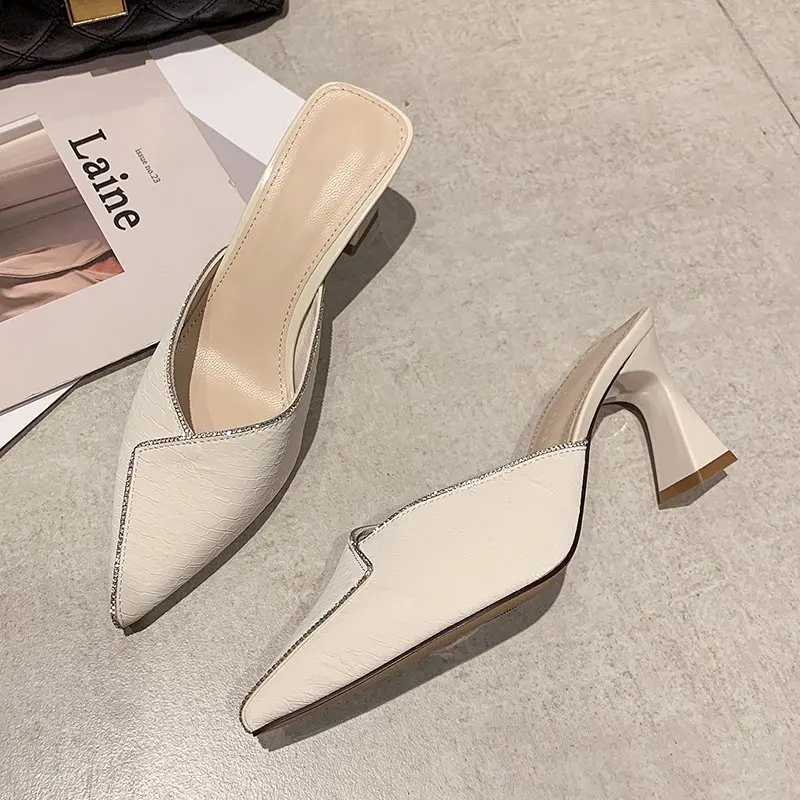 

Slippers Women New Chain Mules Rhinestone Pointed Toe Ladies Striped Summer Fashion High Heel Sandals Footwear Zapatos De Mujer