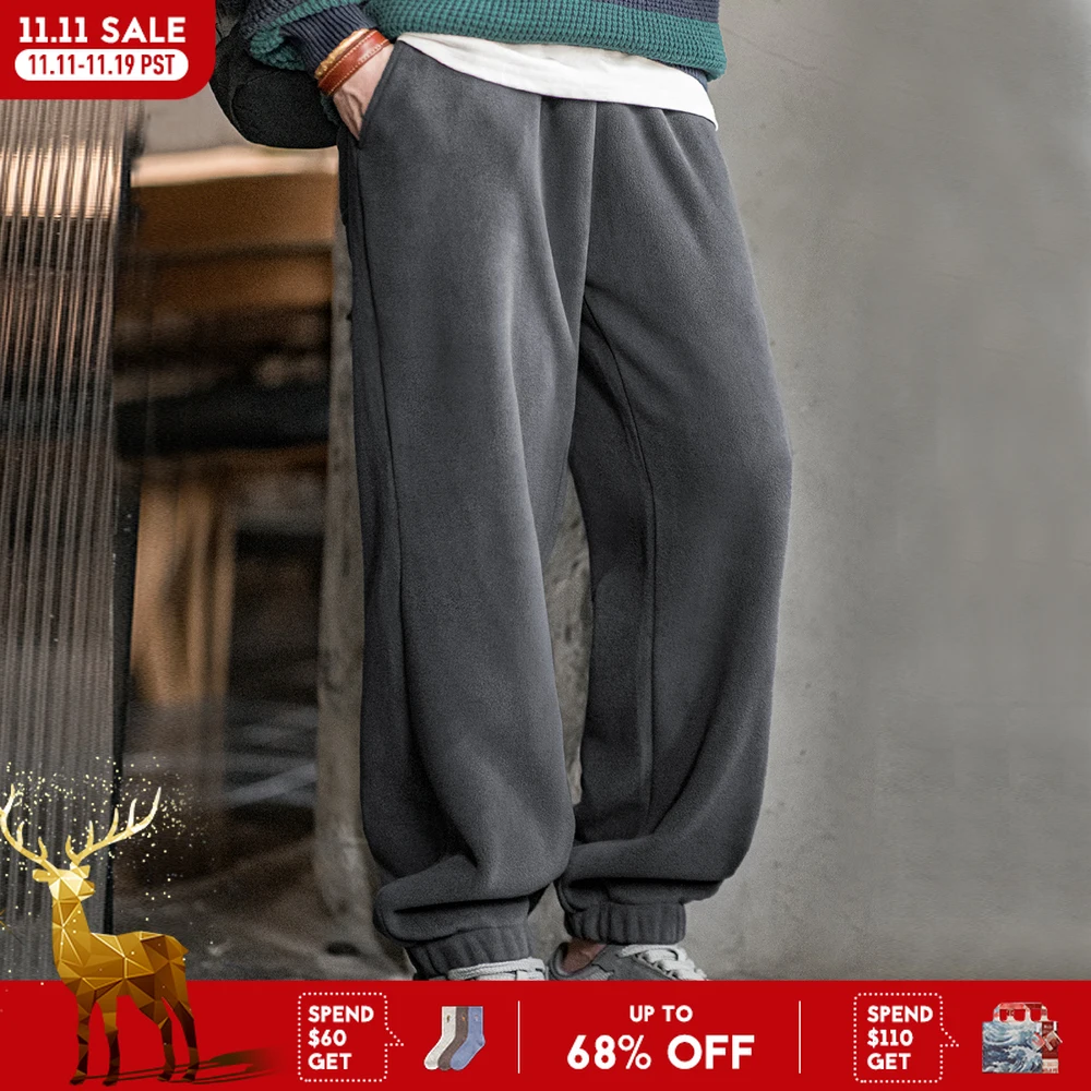 Maden Men's Casual Polar Fleece Cuffed Sweatpants Solid Color Elastic Waist Fleece-lined Pants Warm Sports Straight-leg Trousers