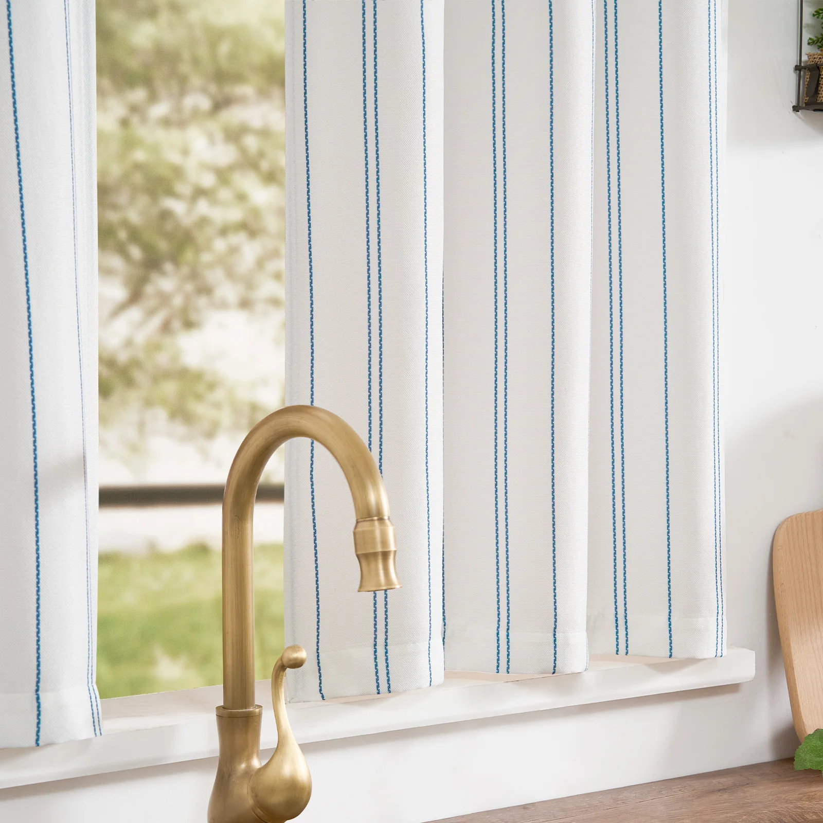 JINCHAN 25*24 Linen Look Short Curtains Striped Kitchen Curtains Blue On White Cafe Curtain Modern Farmhouse Tiers Drapes 2