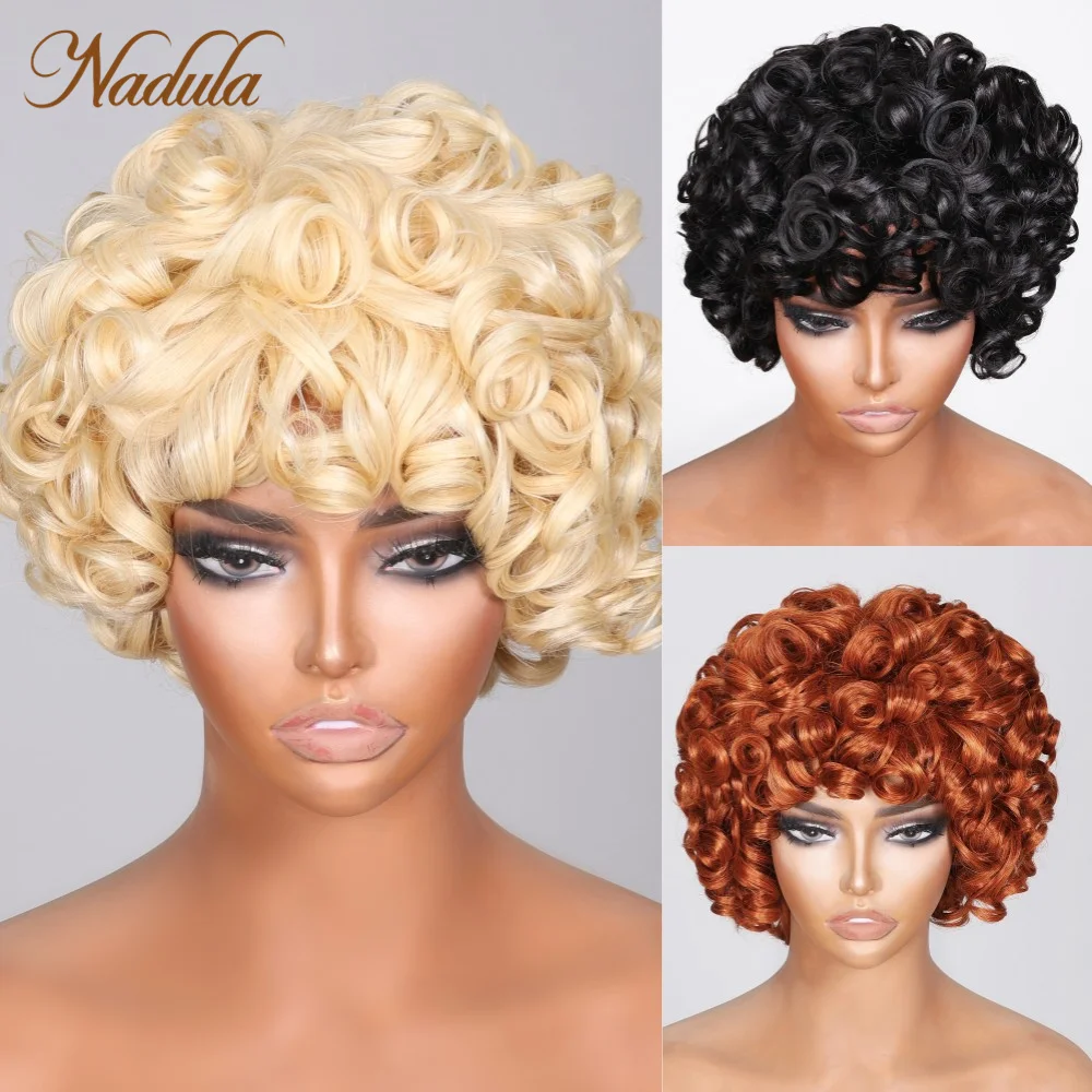 

Nadula Hair Short Bob Super Bouncy Curly Wig Full Machine Made Natural 613 Honey Blond Orange Color Afro Wavy Wig With Bangs