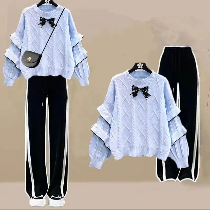 Autumn Winter Women Sweet Bowknot Sweater Wide Leg Pants 1 or 2 Piece Set Korean Lady Knit Tops Trousers Outfits 2023 Knitwear