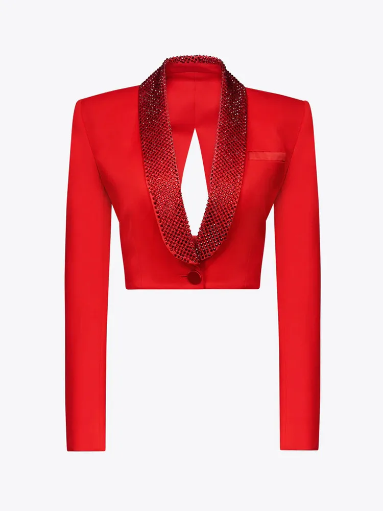 KBQ Hollow Out Patchwork Diamonds Blazers For Women Notched Collar Long Sleeve Backless Spliced Button Temperament Blazer Female