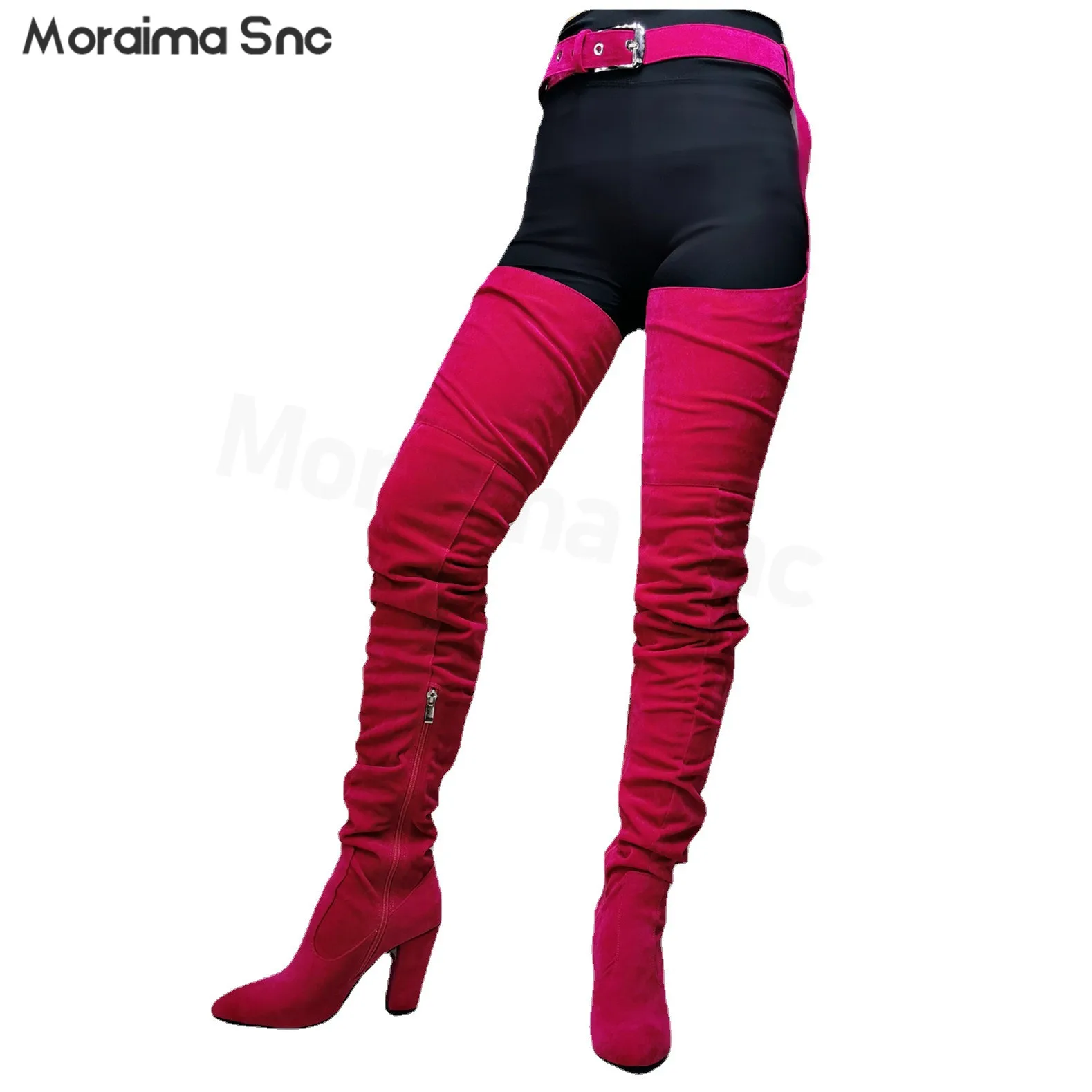 Suede Yellow Belt Boots Pointed Toe Stiletto Fashion Trousers Over The Knee Boots Large Size Sexy Performance Women's Boots