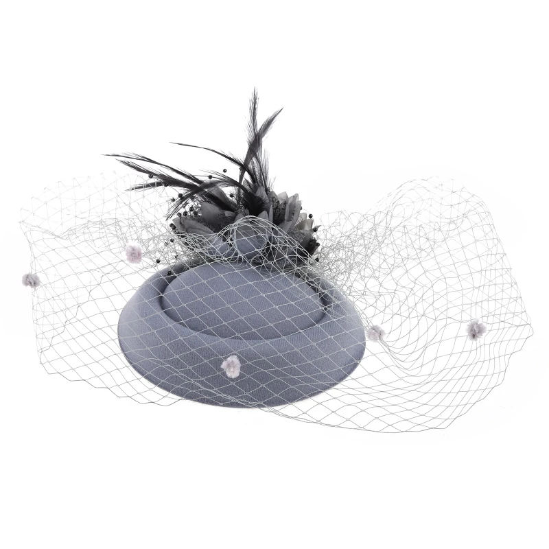 4XBE Fascinators Hats Solid Color Feather Flower Pillbox Hat Cocktail Tea Party Headwear with Veil for Girls and Women