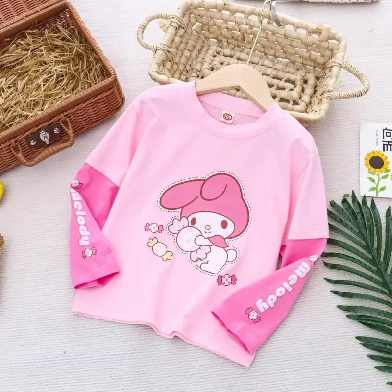 Sanrio Kuromi Children's Long Sleeve T-shirt Pure Cotton Girl Thin Tops Fake Two-piece Base Shirt Spring and Autumn Outfit 4