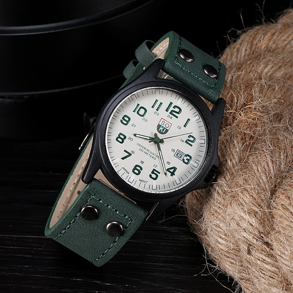 Clássico relógio de quartzo em aço inoxidável masculino, impermeável, pulseira de couro, relógio esportivo do exército, relógio digital fashion, vintage, data, 2024