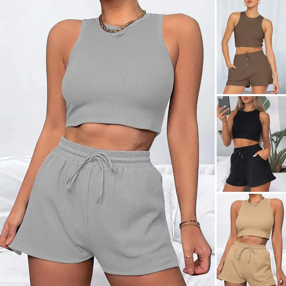 

Women Crop Top Shorts Set Women's Sporty Crop Top Shorts Set with Drawstring Elastic Waist Breathable Fabric 2 Piece for Active