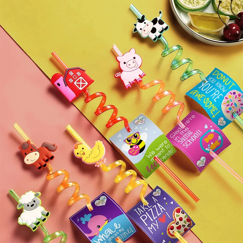 농장 동물 재사용 가능한 마시는 빨대 파티 용품, 닭 양 말 소 돼지, 앞마당 농장 생일 파티 장식, 6 개, 12 개