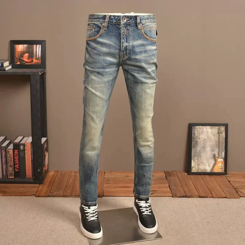 Fashion Designer Men Jeans Retro Blue Stretch Slim Ripped Jeans Men Vintage Trousers Italian Style Elastic Denim Pants Hombre