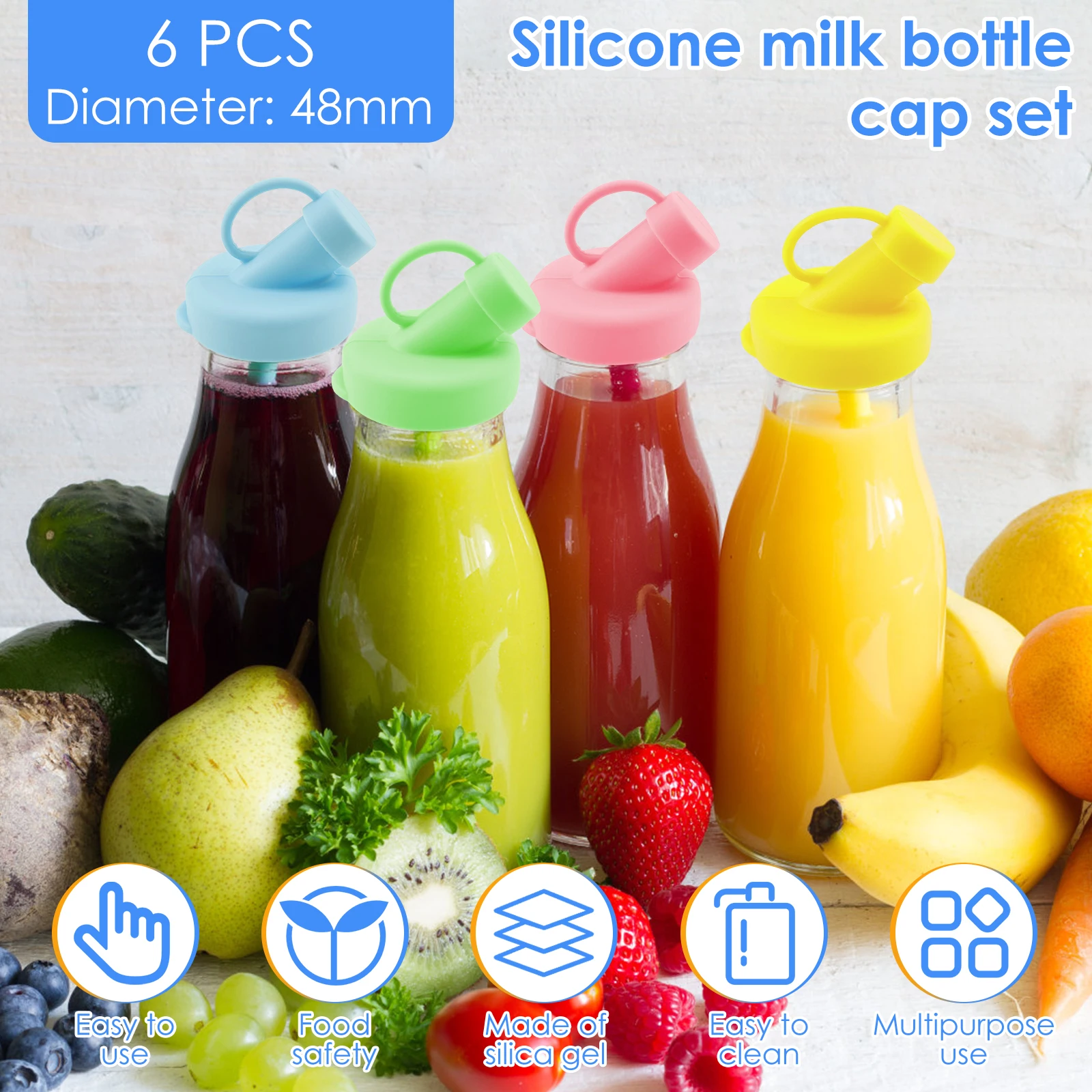 6Pcs Silicone Milk Bottle Dispenser Caps 48mm Diameter Leak Proof Silicone Milk Bottle Dispenser Lids for Glass Jugs Beverages
