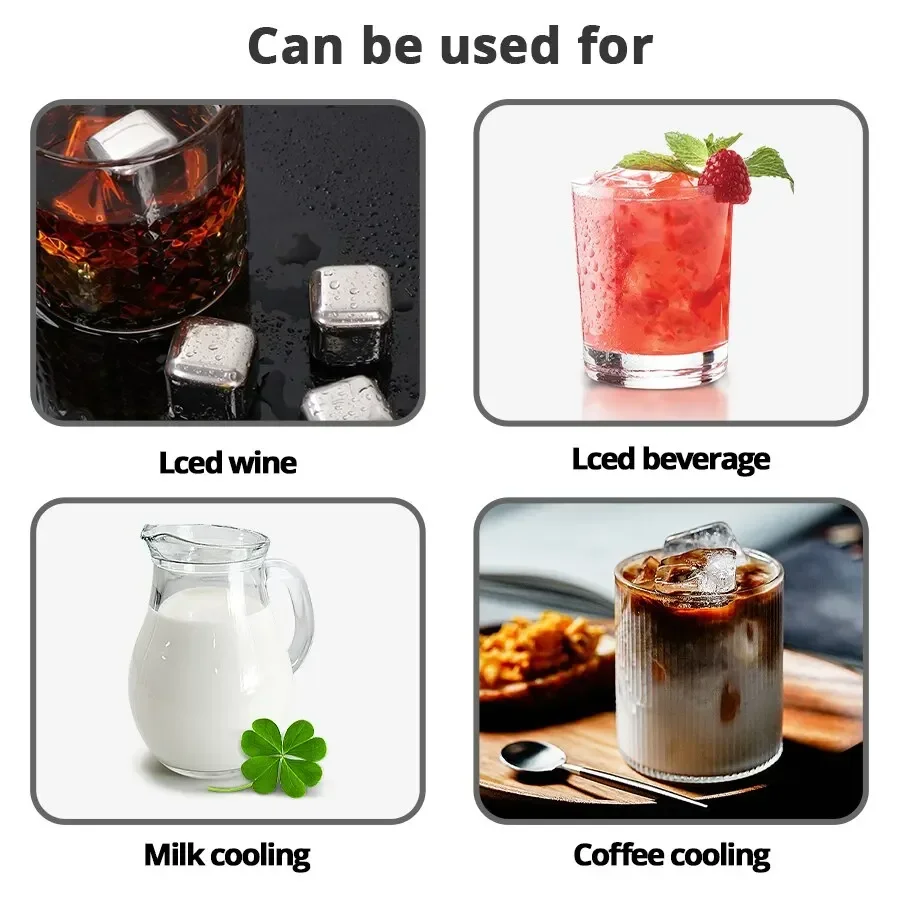 4/6/8 Piece Food-Grade Stainless Steel Ice Cubes Whiskey Stainless Steel  Ice Cubes Set with Silicone Tongs and Ice Cube Trays