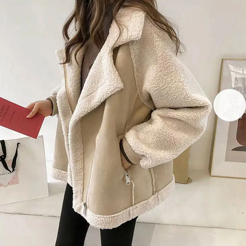 

New Womens Thickened Warm Fur One Lamb Fur Coat Autumn Winter Loose Deerskin Velvet Jacket Female Casual Motorcycle Clothes Tide