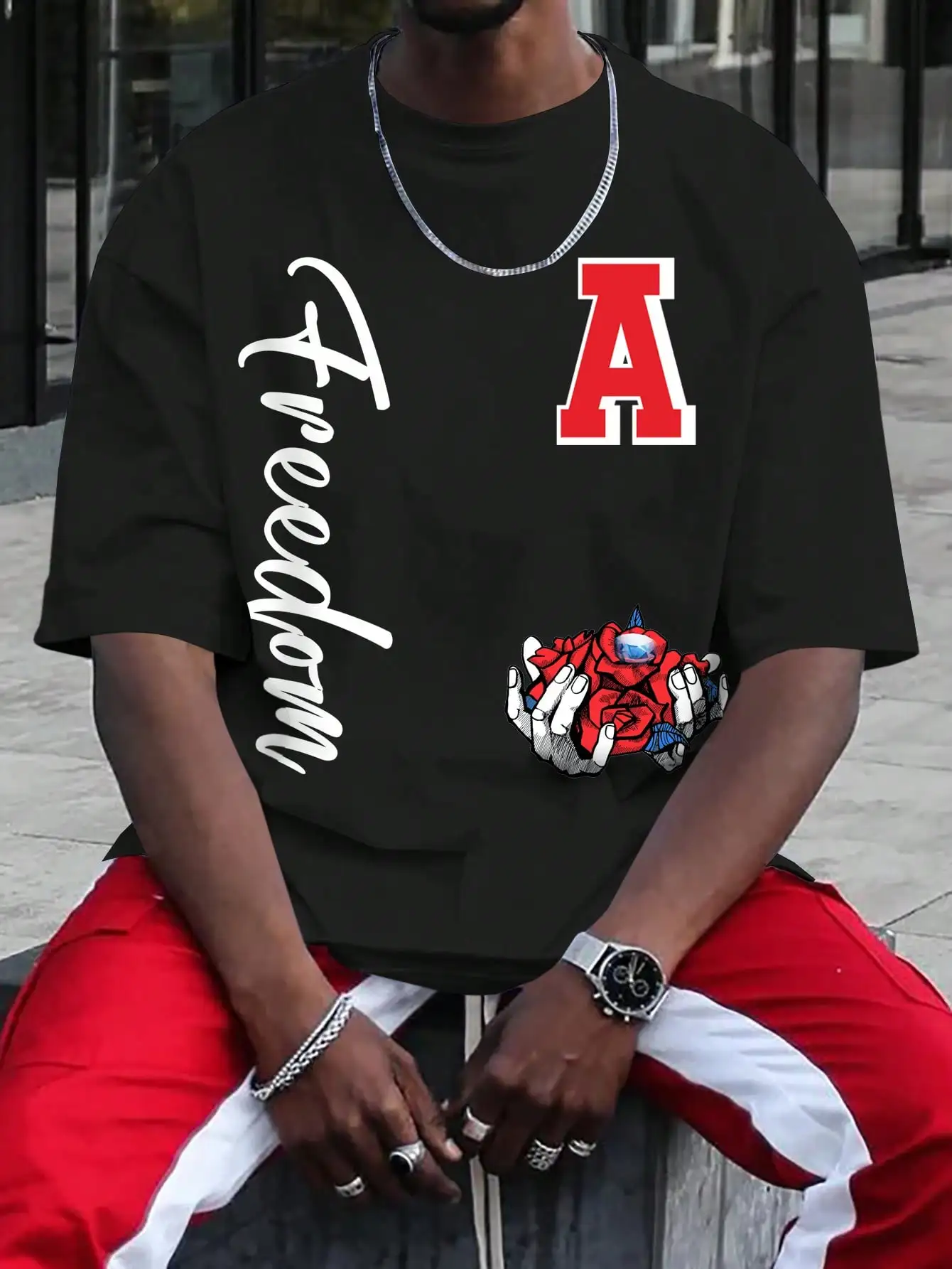 Holding Roses And Diamonds In Hand Longing For Freedom T-Shirt Men Novelty Fashion T Shirt Cotton Loose Top O-Neck Cool Tshirts