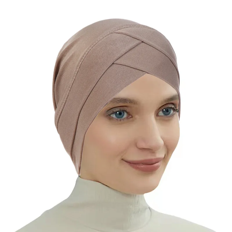 

Solid Color Cross Forehead Hijab Indian Bonnet Crystal Hemp Muslim Turban Caps Ready To Wear Women Head Scarf Headwrap