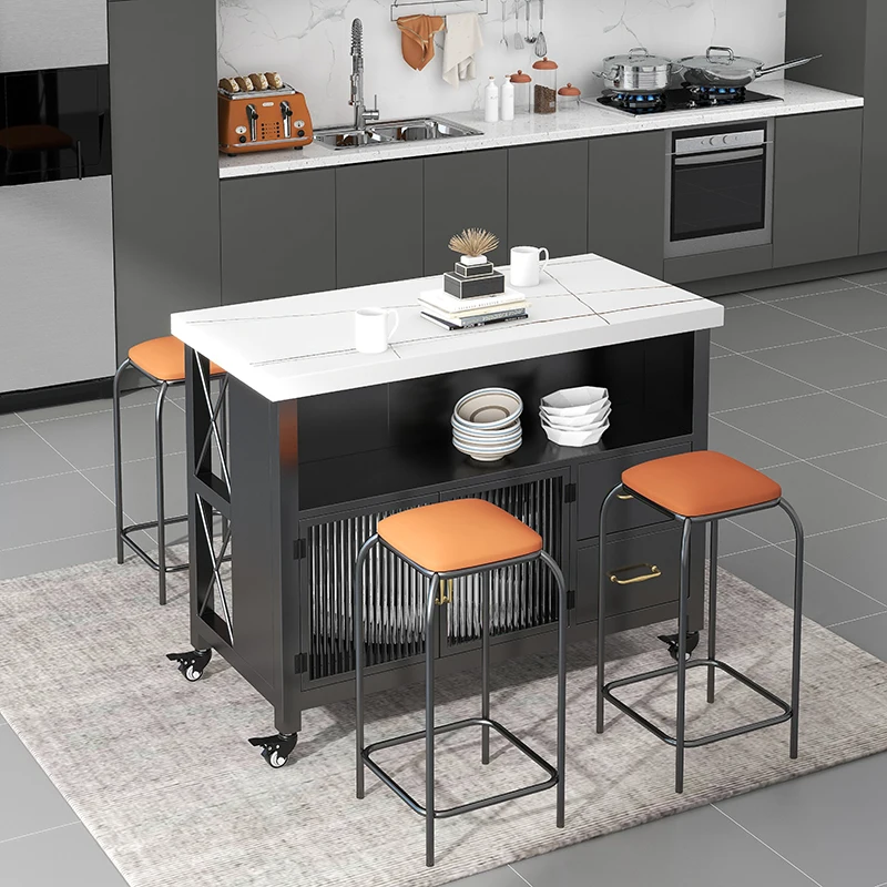 Light luxury rock slab dining side cabinet island table dining table integrated console iron home