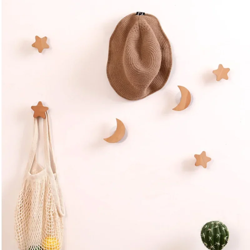 Creative Star Moon Wooden Hook Drawer Handle Non Perforated Adhesive Wall Hook for Bedroom Home Entrance Hat 2
