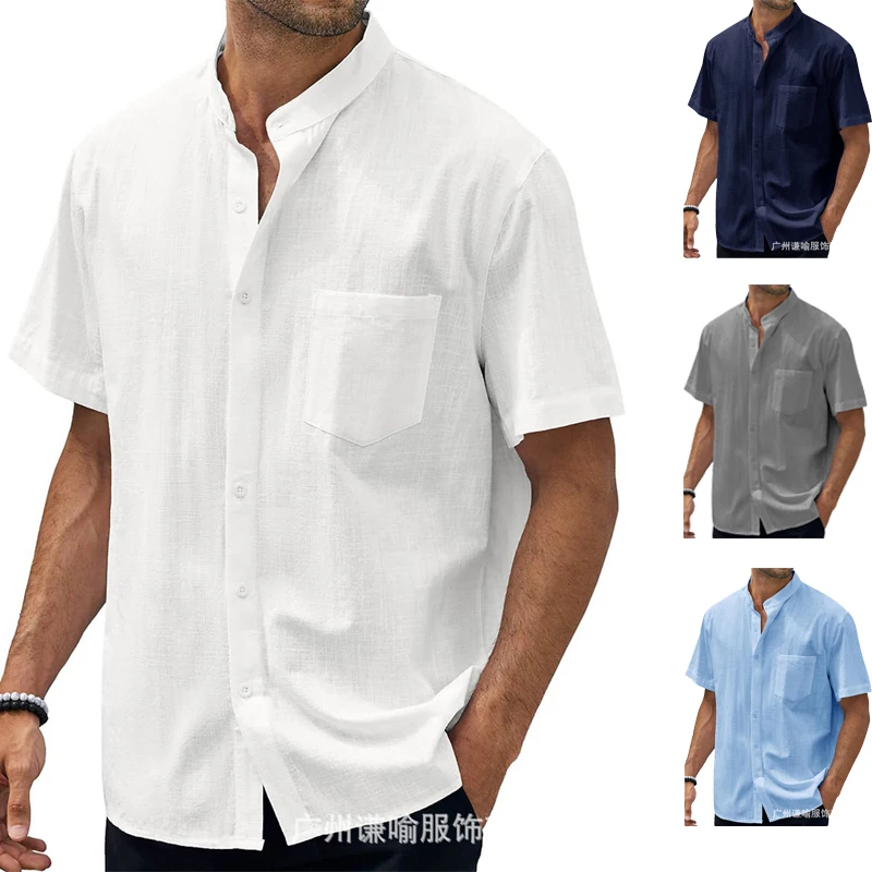 Summer New Men's Cotton and Linen Shirts Short-Sleeved T-shirt Henry Collar Casual Men's T-shirts Shirt Male Men Clothing