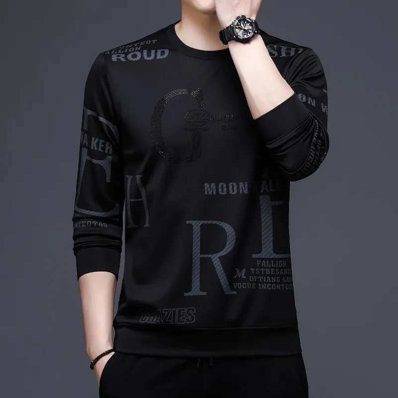 Spring Autumn Men's Round Neck Pullover Rhinestone Solid Gradient Letter Printed Long Sleeve Hoodies T-shirt Fashion Casual Tops