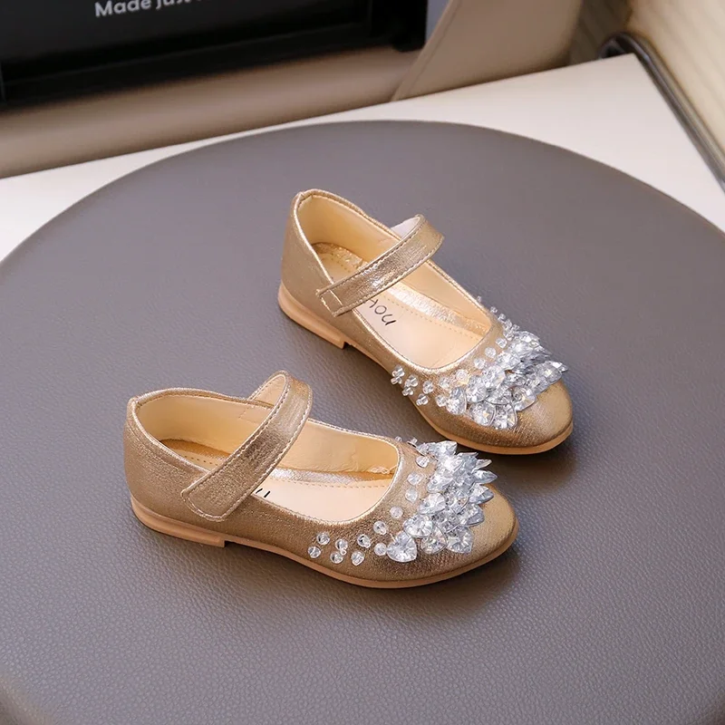 Girls Leather Shoes for Party Wedding Children Crystal Shiny Princess Shoes Sweet Kids Performance Shoes Spring Autumn 2025 New