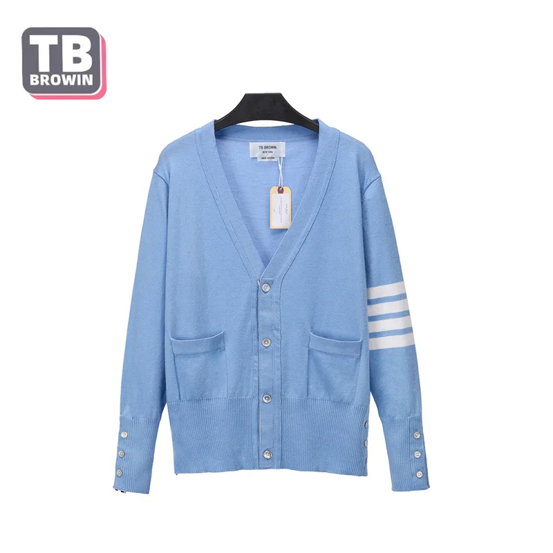 

Brand TB BROWIN Flagship store Men's Wool Sweater Autumn and Winter 4 Bar Stripes New Floral Cardigan V-neck Luxury Casual